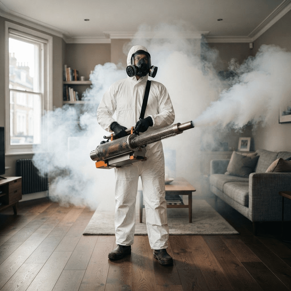 Zeus Services pest control technician fumigating inside a property